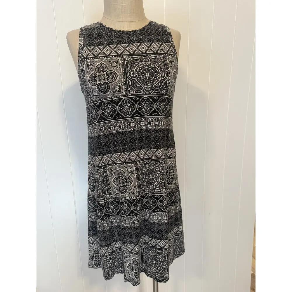 LOFT Outlet Dress Womens Medium Petite Black White Sleeveless Geometric Boho - Picture 9 of 10